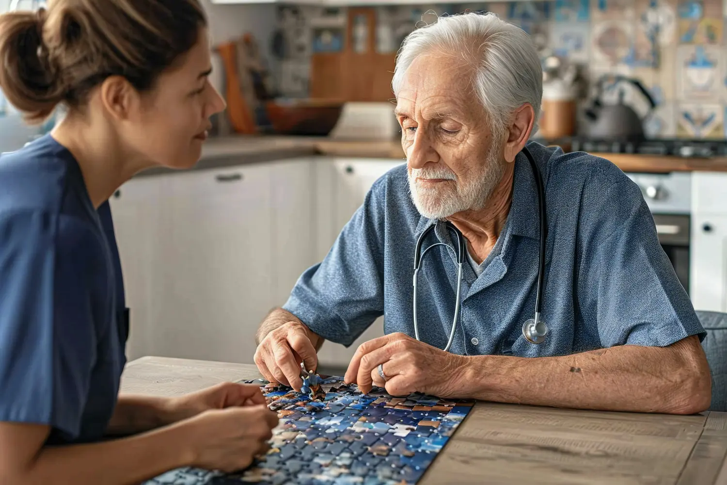 Älterer männlicher Patient mit kognitiver Störung erhält Rätselhilfe von der Krankenschwester in der geriatrischen Klinik des Altenheims - Hinweis auf das Konzept der Demenz- und Alzheimerpflege